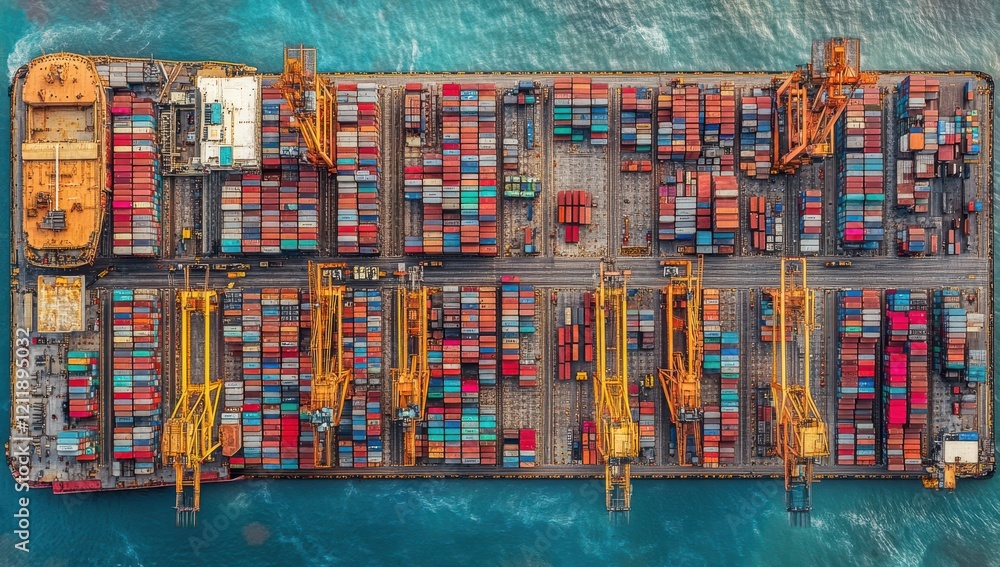 Fototapeta premium Aerial View of a Container Ship Loaded with Colorful Cargo Containers at a Busy Port Surrounded by Clear Blue Water in a Shipping and Logistics Environment