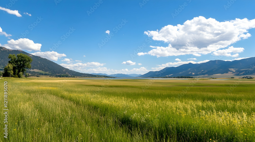 Sunny valley landscape, green field, mountains, blue sky, summer day, nature background, travel poster Sunny valley landscape, green field, mountains, blue sky, summer day, nature background, travel poster