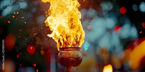 Close up of a Flaming Torch Raised in Holika Dahan Celebration photo