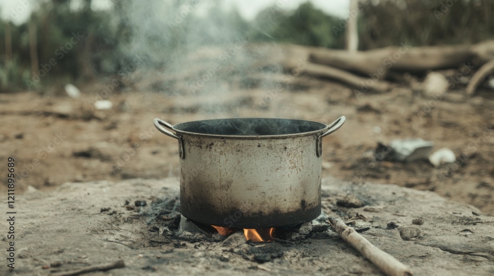 Steaming pot on a rustic outdoor fire. Steaming pot on a rustic outdoor fire.