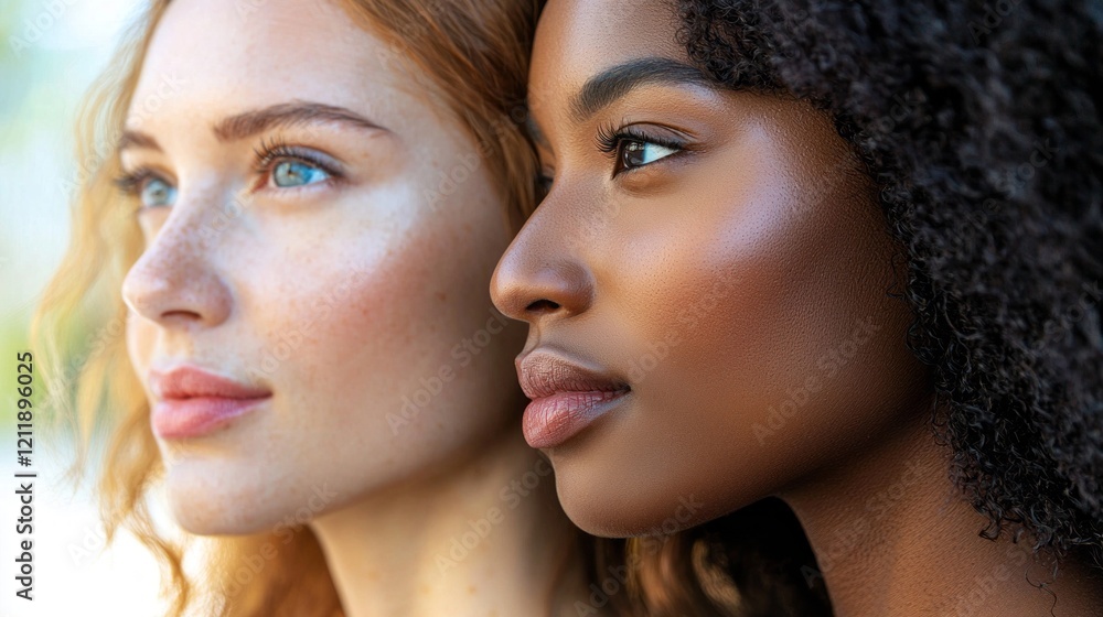 Close up view captures two women standing side by side, embracing their unique features. Their shoulders touch gently as they embody friendship, warmth, and diversity Close up view captures two women standing side by side, embracing their unique features. Their shoulders touch gently as they embody friendship, warmth, and diversity