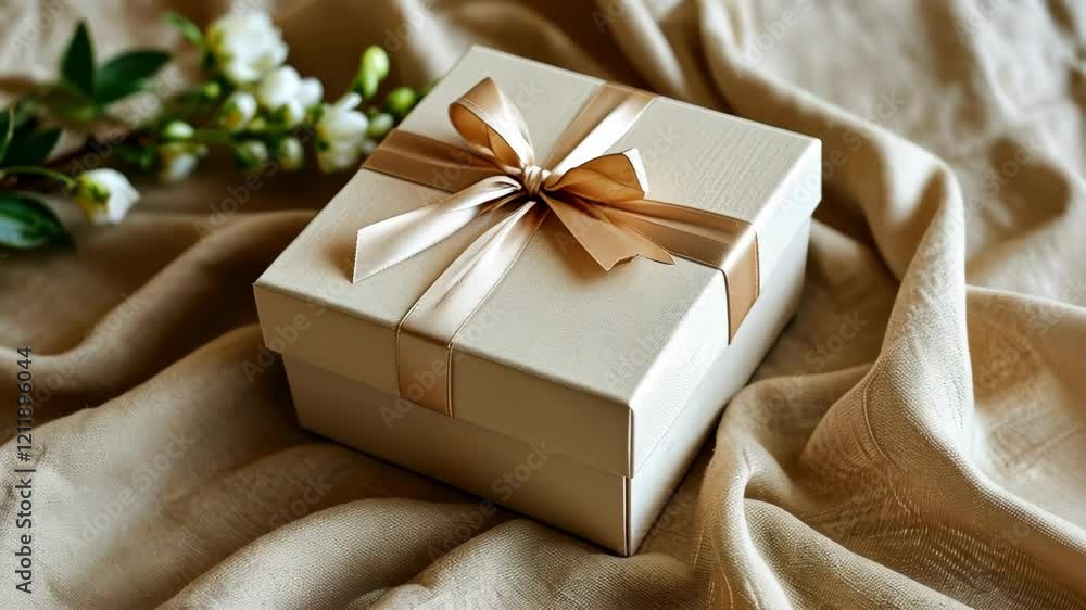 Gift box tied with ribbon on soft fabric creates serene atmosphere, suggesting celebration and thoughtful presentation Gift box tied with ribbon on soft fabric creates serene atmosphere, suggesting celebration and thoughtful presentation