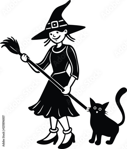 Witch with a broomstick and a cat vector illustration, witch with a broomstick and a cat silhouette vector art, witch with a broomstick and a cat line art vector