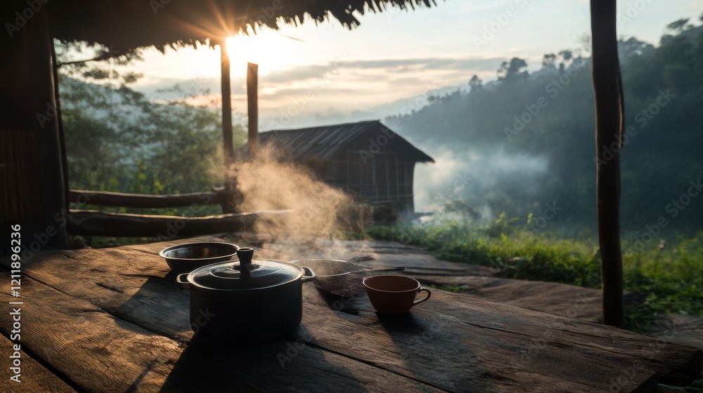 Sunrise over misty mountains, steaming pot on rustic wooden table. Sunrise over misty mountains, steaming pot on rustic wooden table.
