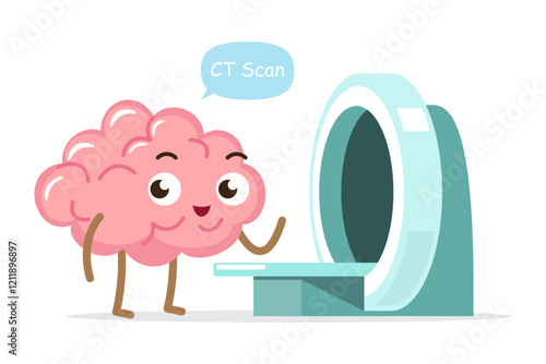 Brain cartoon character and CT scan machine . Medical check-up . Isolated on white background . Vector .
