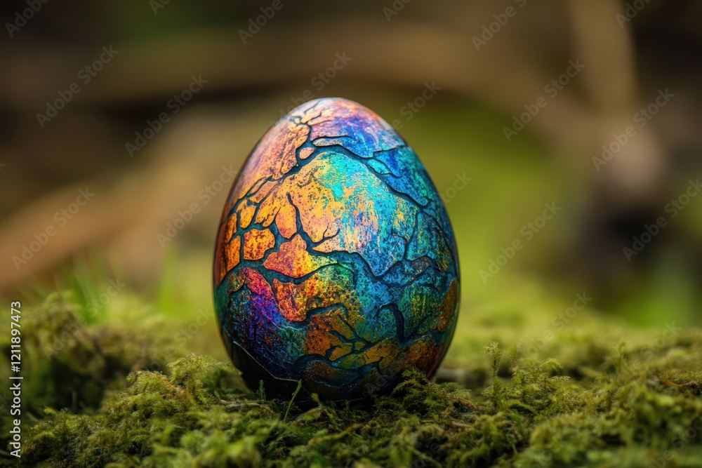 Vibrant multicolored cracked egg resting on lush green moss in a forest setting Vibrant multicolored cracked egg resting on lush green moss in a forest setting