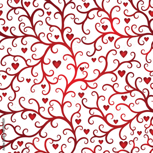 Vector illustration of red gradient valentine vintage curls with hearts seamless pattern. Floral organic background. For textiles, wallpaper and packaging. Transparent background