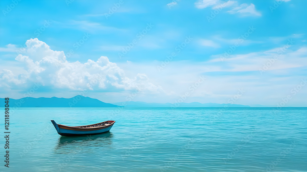Tranquil ocean scene with lone boat, island backdrop, calm waters, summer day, ideal for travel brochures Tranquil ocean scene with lone boat, island backdrop, calm waters, summer day, ideal for travel brochures