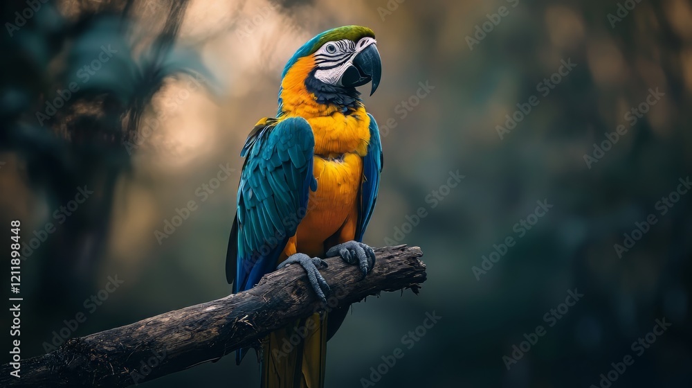 Fototapeta premium Colorful Parrot Perched Gracefully on a Branch Amidst Lush Wildlife Habitat Exploration