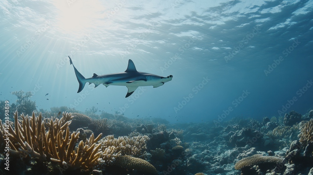 Obraz premium A dramatic view of a hammerhead shark patrolling a coral reef