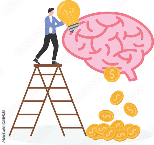 Finance head. Businessman put idea into brain, coins come out. Business concept vector
