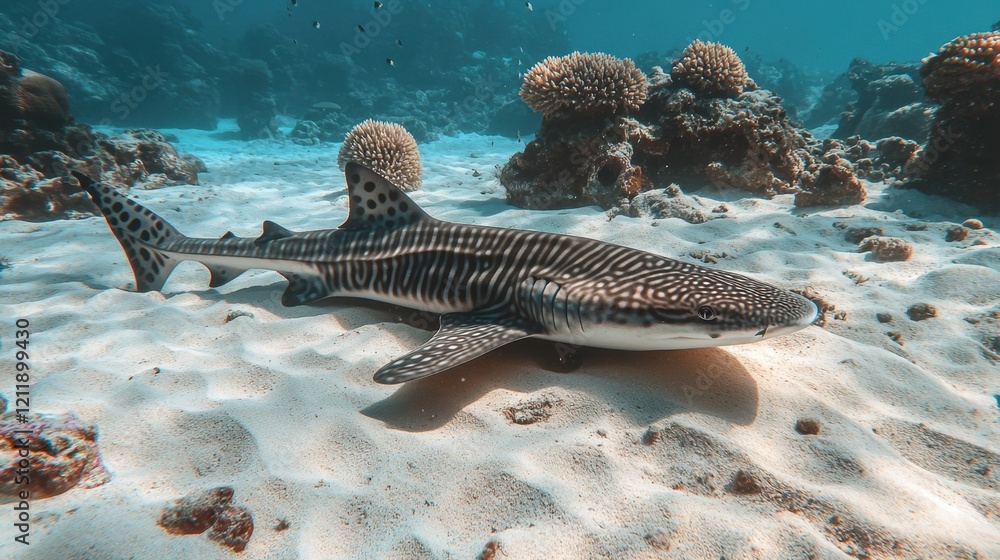 Fototapeta premium A leopard shark lying on a sandy ocean floor near coral formations