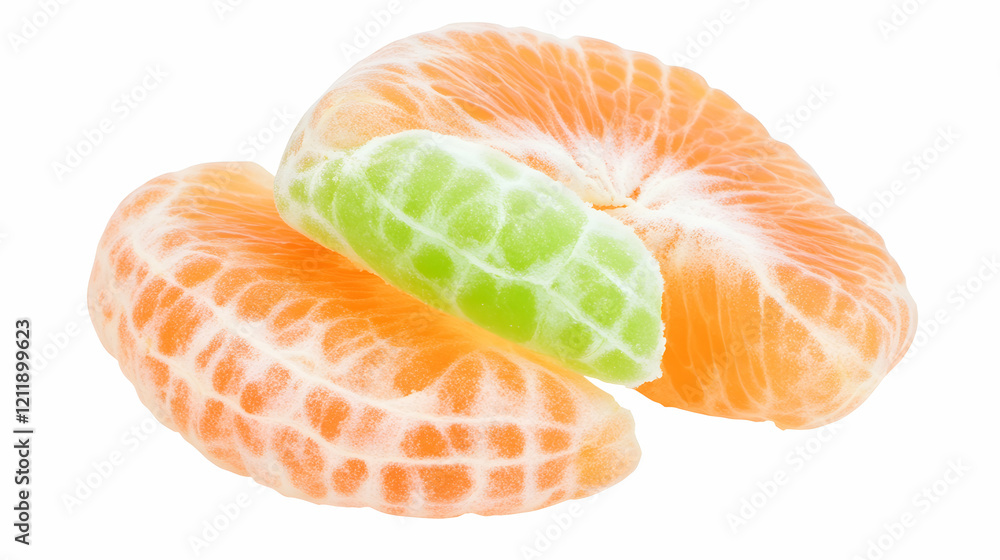 Two juicy mandarin orange segments, peeled, isolated on white background, perfect for healthy food recipe websites Two juicy mandarin orange segments, peeled, isolated on white background, perfect for healthy food recipe websites