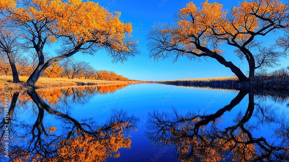 Autumn trees reflected in calm river, sunny day, peaceful landscape. Use Calendar, poster Autumn trees reflected in calm river, sunny day, peaceful landscape. Use Calendar, poster