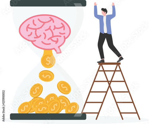 Finance head. Businessmen put idea into brain, coins come out. Business concept vector

