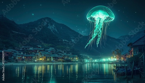 Wallpaper Mural Glowing Jellyfish Over Nighttime Village Scene Torontodigital.ca