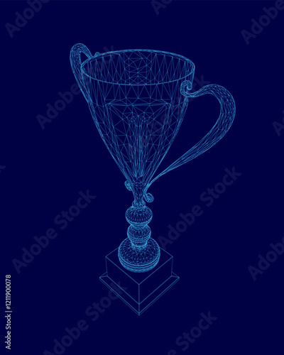 Blue 3D image of a cup with a handle. The cup is sitting on a pedestal