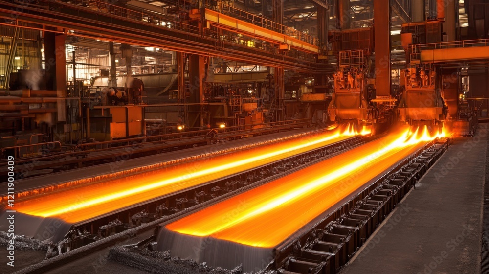 A panoramic view of a modern steel production facility with towering furnaces A panoramic view of a modern steel production facility with towering furnaces