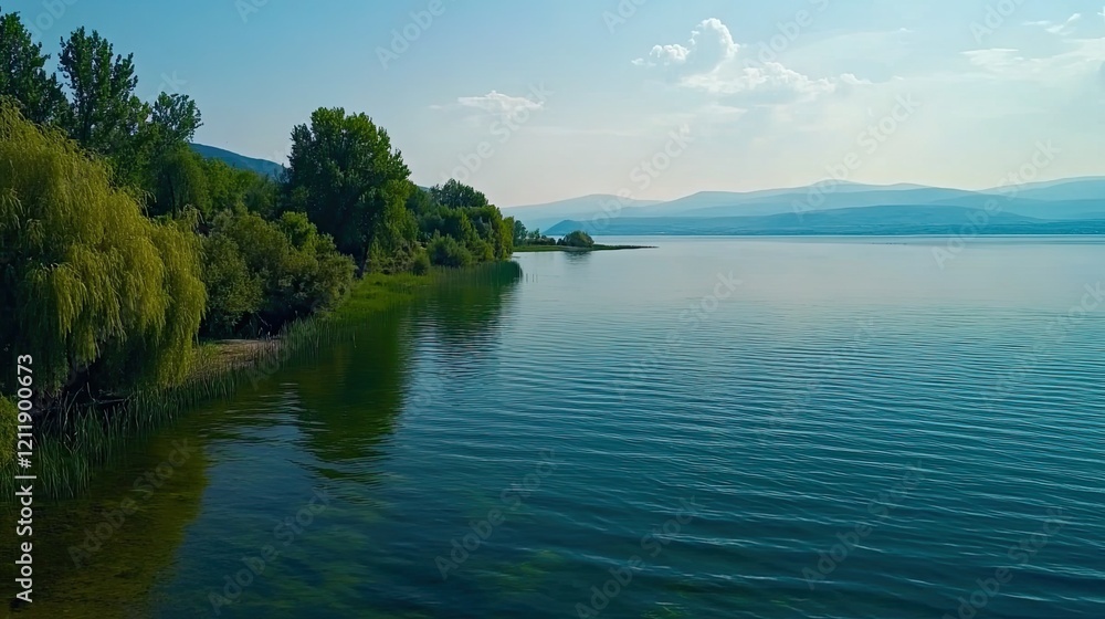 Fototapeta premium Calm lake, green shoreline, mountain background, summer day, nature scene