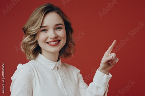 A woman in a white shirt holds up her finger, making a point or asking to be quiet photo