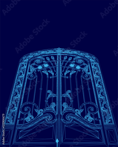 The blue door is ornate and has a lot of detail. It is the entrance to a building