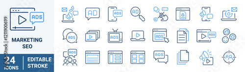Marketing and Seo line web icons Digital marketing. Containing seo, content, website, social media. Editable stroke.