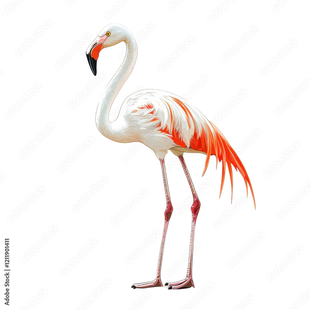 Fototapeta premium Elegant Flamingo with Beautiful Plumage Standing Gracefully in Profile, Showcasing Its Long Neck and Striking Orange and White Feathers Against a Simple Background