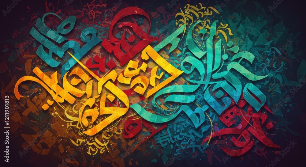 Fototapeta premium Vibrant Arabic Calligraphy: An explosion of color and intricate detail in this stunning piece of Arabic calligraphy. The bold, interwoven script creates a dynamic and visually captivating artwork.