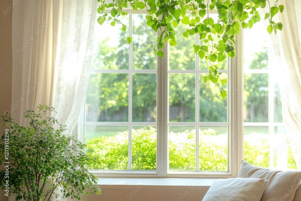 Fototapeta premium A cozy living room with a couch and a plant in front of a window