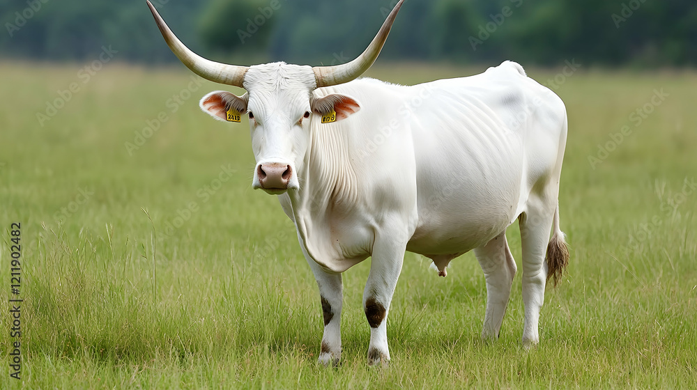 White bull standing in a green pasture, summer day. Agricultural livestock image for farming or cattle industry websites White bull standing in a green pasture, summer day. Agricultural livestock image for farming or cattle industry websites