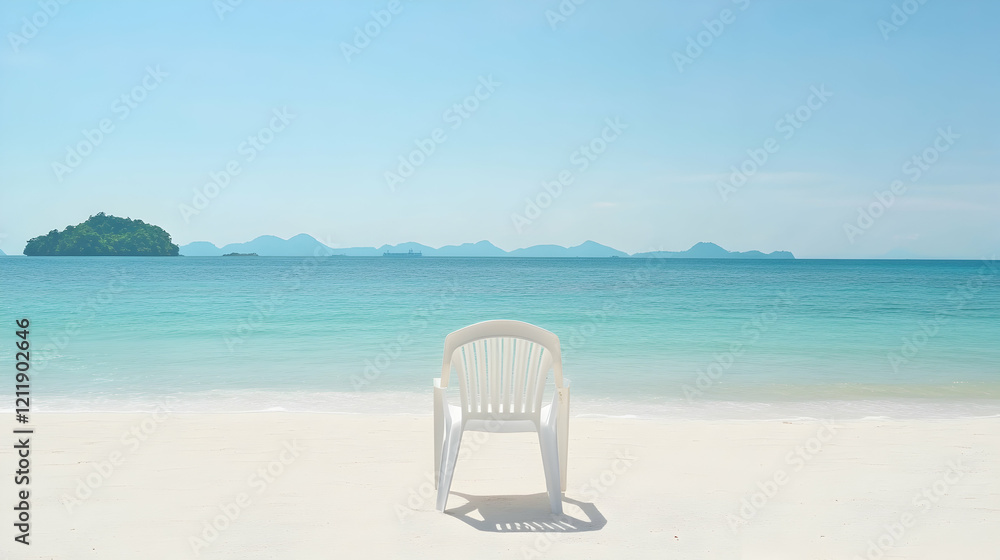 White chair on tropical beach, ocean view, island background; relaxing vacation imagery White chair on tropical beach, ocean view, island background; relaxing vacation imagery