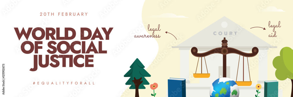 Obraz premium Social Justice Day. 20th February World Day of Social Justice. World Justice day banner with courthouse, scales of justice, trees and globe shows concept of legal awareness and social aid. Vector