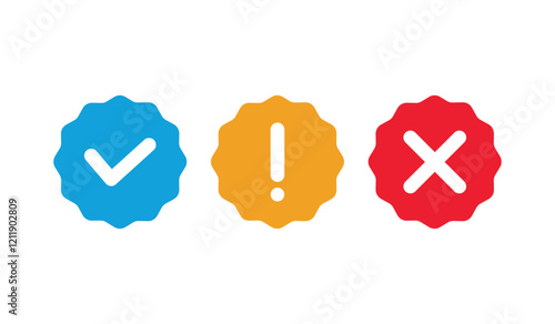 Blue check mark, exclamation point, x mark sign design vector template