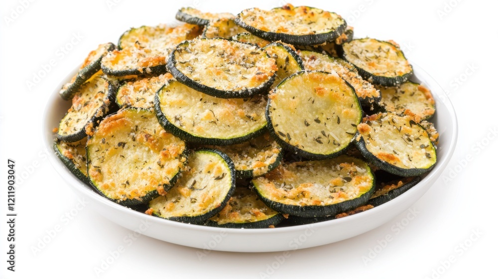 A plate of crispy zucchini chips seasoned with Parmesan cheese and Italian herbs, Each chip golden and crunchy, Healthy and delicious snack highlighted against an isolated white background A plate of crispy zucchini chips seasoned with Parmesan cheese and Italian herbs, Each chip golden and crunchy, Healthy and delicious snack highlighted against an isolated white background