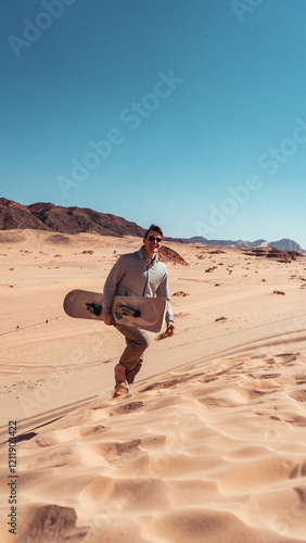 man sandboarding colored canyon in the Sinai desert in Egypt