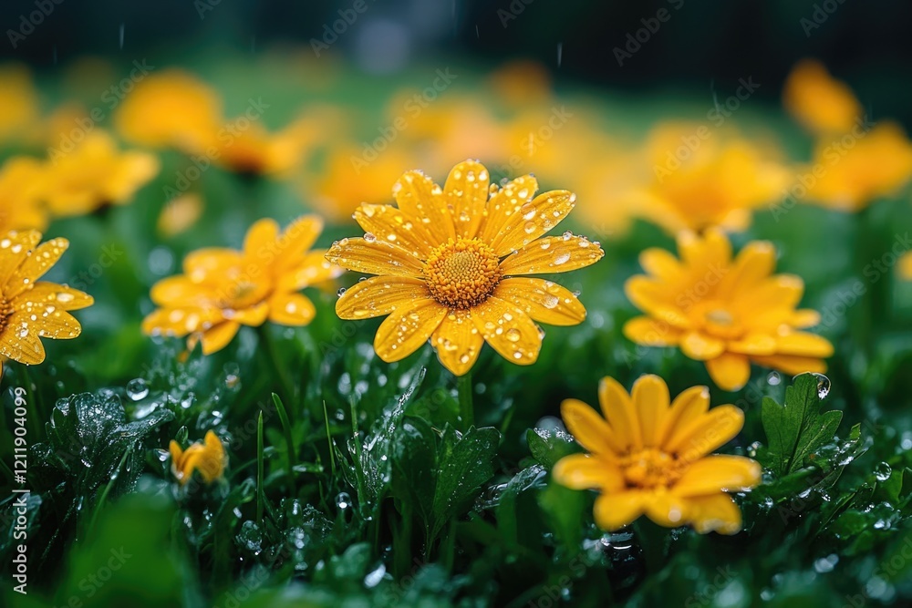 Obraz premium Close-up shot of a bunch of yellow flowers with water droplets on their petals