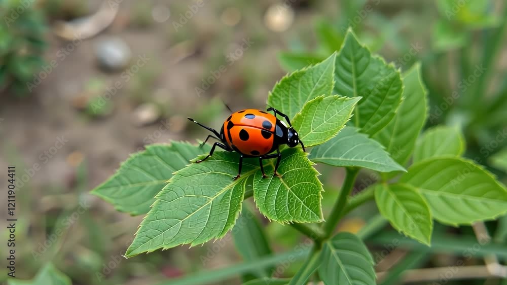  Ladybug on vibrant green leaf with sparkling bokeh.