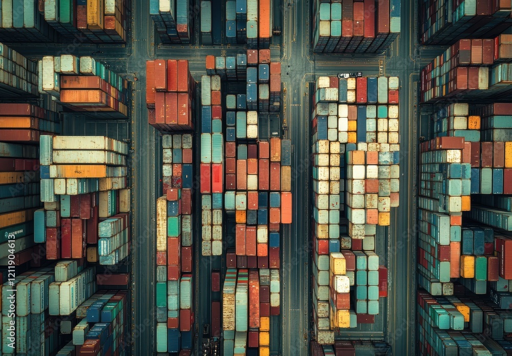 Fototapeta premium Aerial View of Colorful Shipping Containers Stacked in a Busy Port with Industrial Shipping Facilities and Transport Vessels in the Background