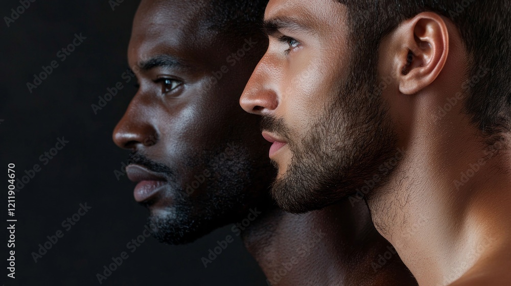 Fototapeta premium In an intimate moment, two men stand shoulder to shoulder, their diverse backgrounds illuminated against a dark backdrop, symbolizing unity and strength in their differences