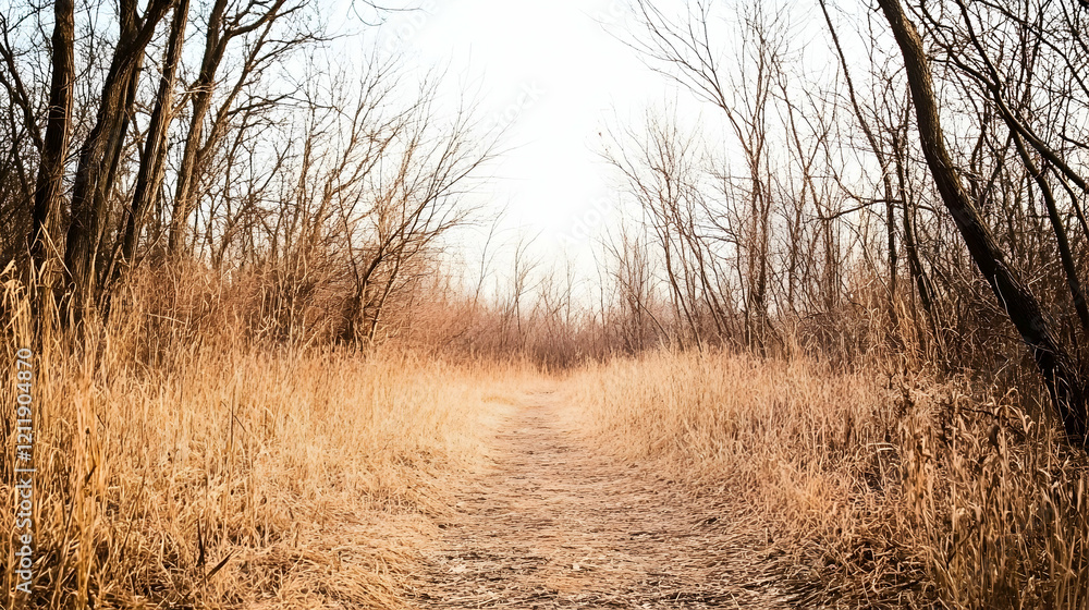 Winter trail through tall grass and bare trees, leading to bright horizon. Use Nature background Winter trail through tall grass and bare trees, leading to bright horizon. Use Nature background