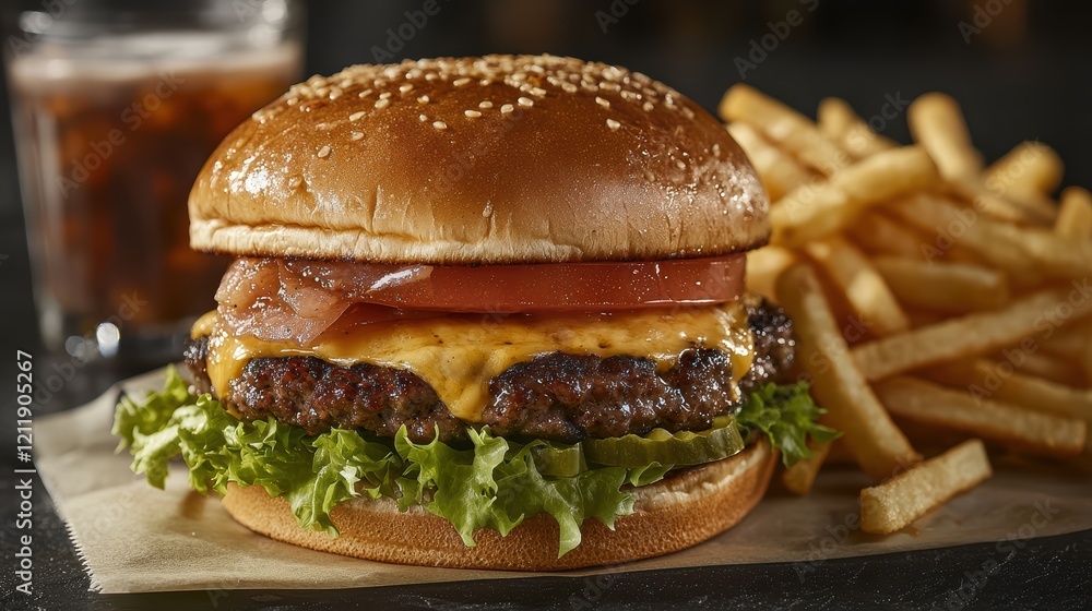 Delicious burger with lettuce, tomato, cheese, and fries on plate Delicious burger with lettuce, tomato, cheese, and fries on plate