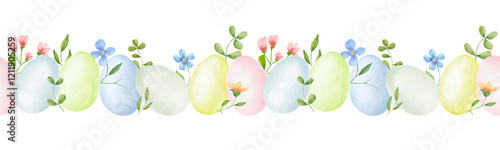 Easter eggs and spring flowers with leaves, seamless horizontal border. Watercolor digital illustration. Festive garland, isolated on white background illustration. Holiday, spring and Easter theme
