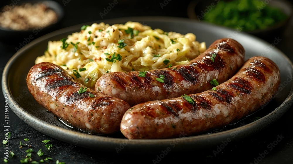 Grilled sausages served with creamy cabbage Grilled sausages served with creamy cabbage