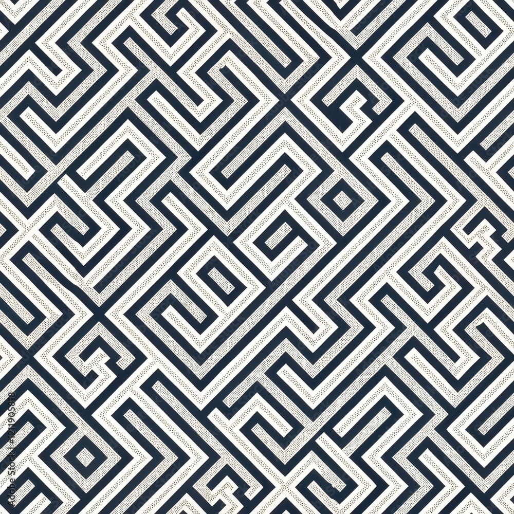 Abstract Geometric Maze Pattern Seamless Navy and White Interlocking Lines Design