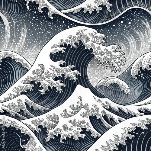 Dramatic Monochrome Wave Illustration Artistic Japanese Style Ocean Wave Design