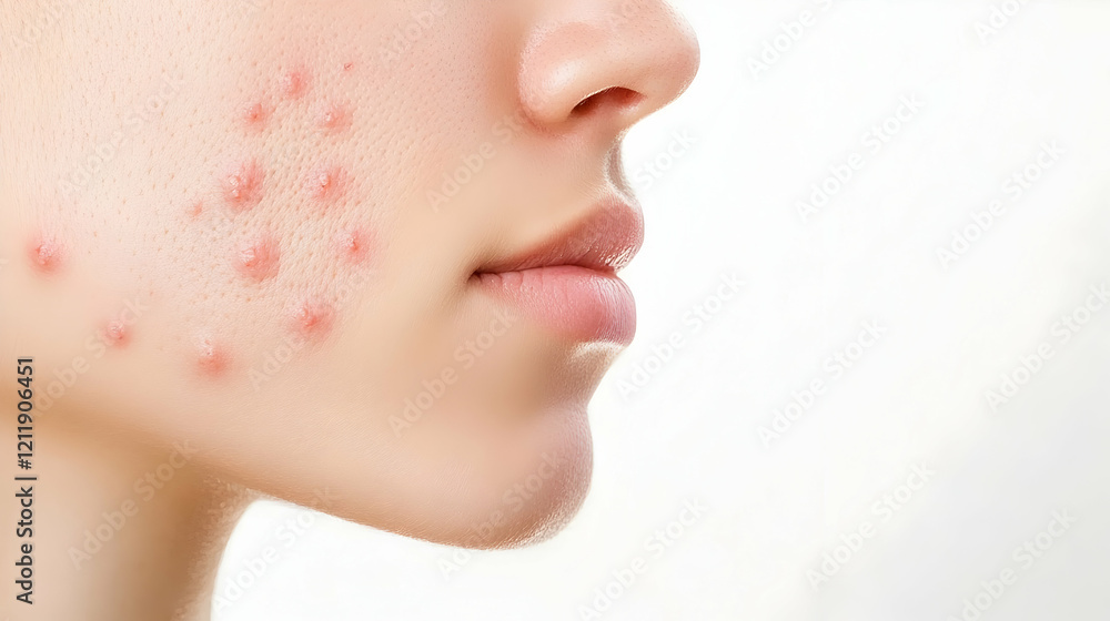 Obraz premium Woman's face with acne, close-up profile, white background, skincare treatment