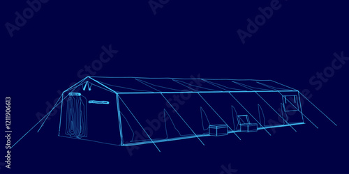 Blue building with a tent on top of it. The building is large and has a lot of space