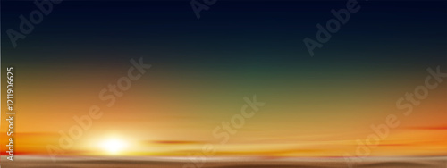 Sunset Sky blue background,Summer sundown,clear sky red,orange,yellow over sea sand beach.Vector cartoon nature background Sunrise sky,bright Sunlight,Horizon seascape Golden hour dramatic dusk sky