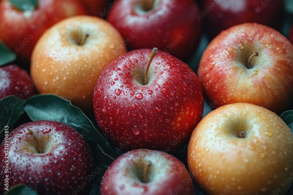 A basket of fresh apples with water droplets glistening on their surface A basket of fresh apples with water droplets glistening on their surface