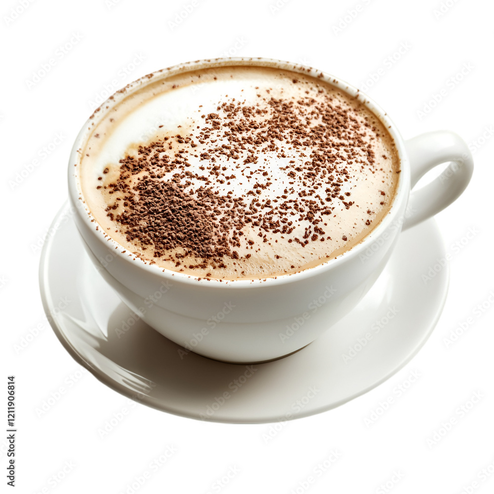 Fototapeta premium Aromatic cappuccino topped with chocolate shavings, served in a white cup and saucer. Perfect for a cozy morning or afternoon treat.